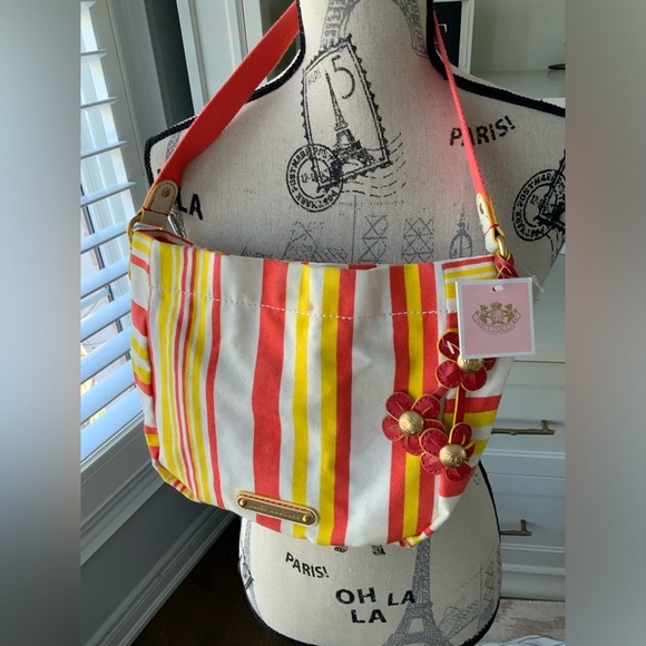 JUICY COUTURE Striped Yellow Orange Hobo Cotton Fabric Shoulder Bag BRAND NEW - Picture 5 of 16